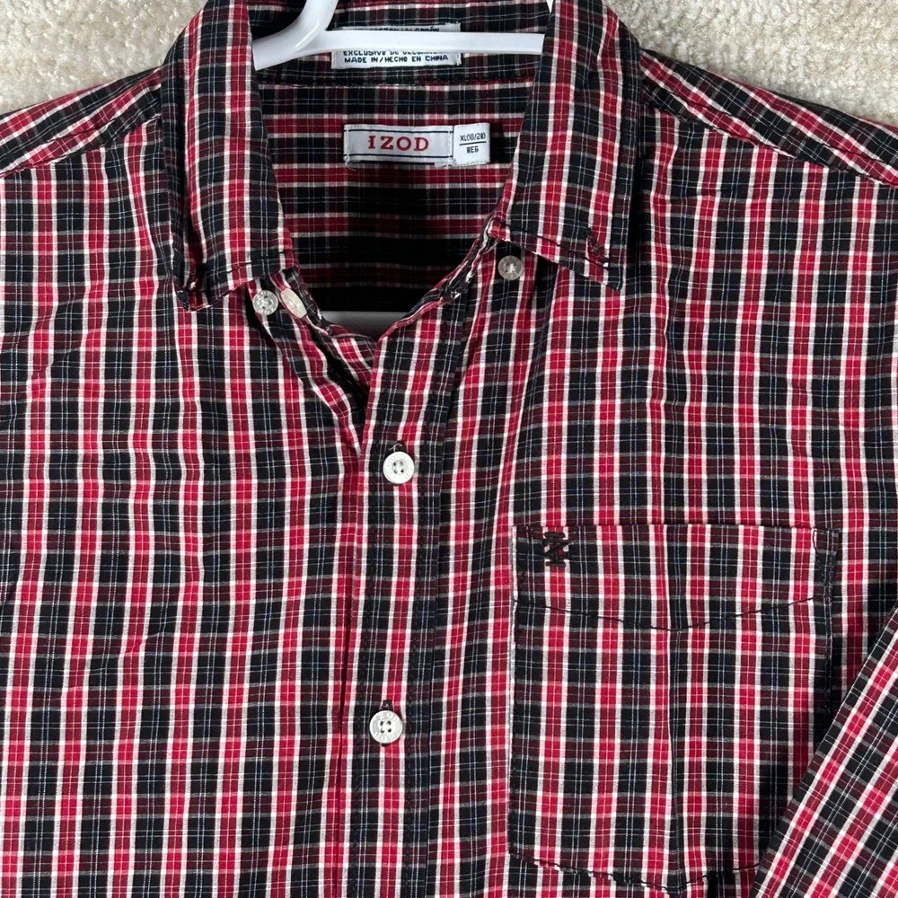 IZOD Mens Preppy Dark Academia Plaid Button Down Shirt Red Black XL 18/20 REG